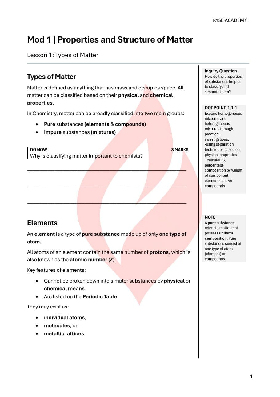 Page 1 of the Year 11 Chemistry booklet: Module 1, Properties and Structure of Matter, Lesson 1, Types of Matter.